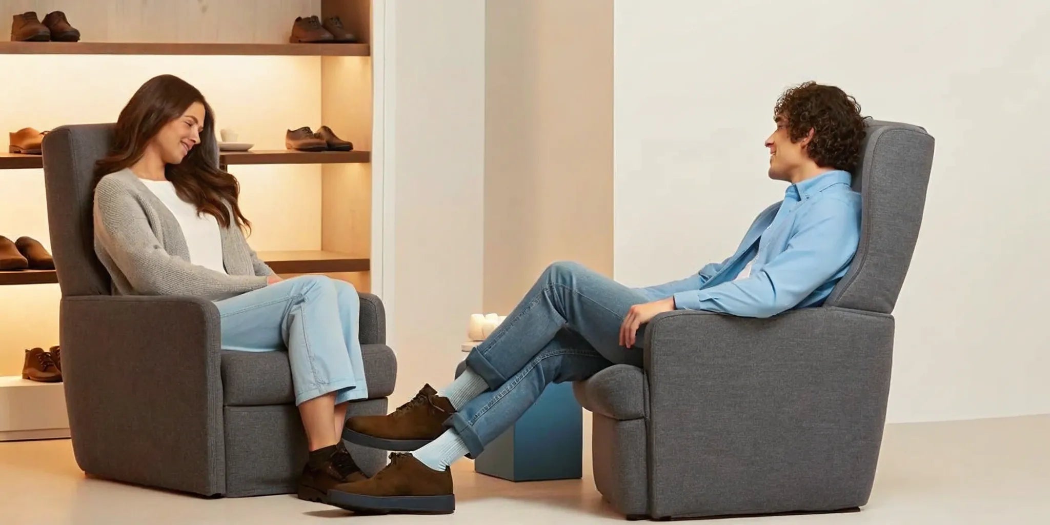 A couple wearing comfortable shoes purchased for their swollen feet.