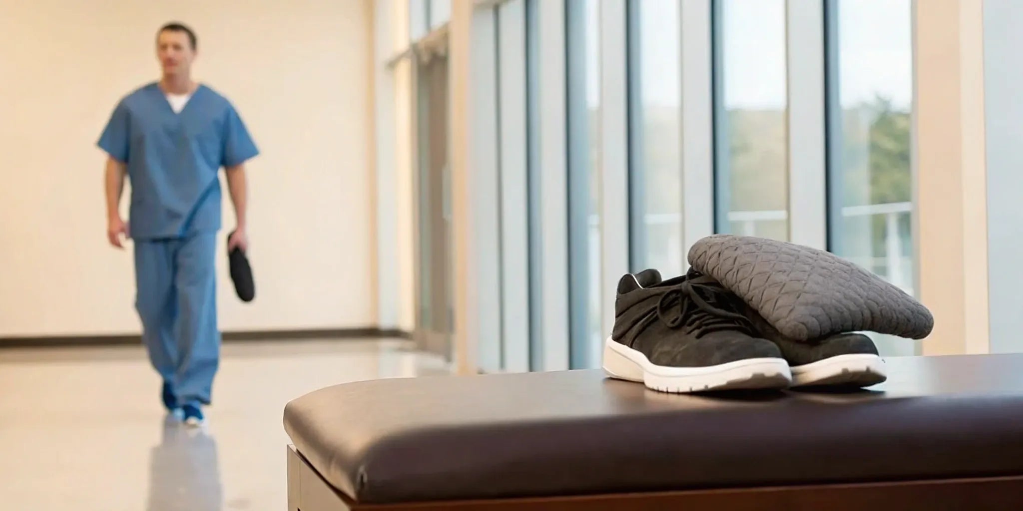 A male nurse in a hospital with a pair of the best running shoes for long shifts.