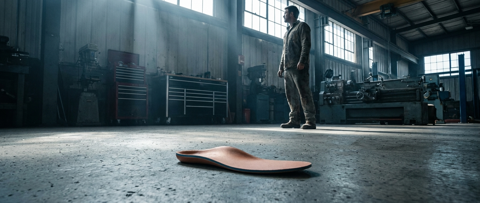 Aetrex Premium Memory Foam Posted Orthotic on a concrete floor for mechanics and factory workers