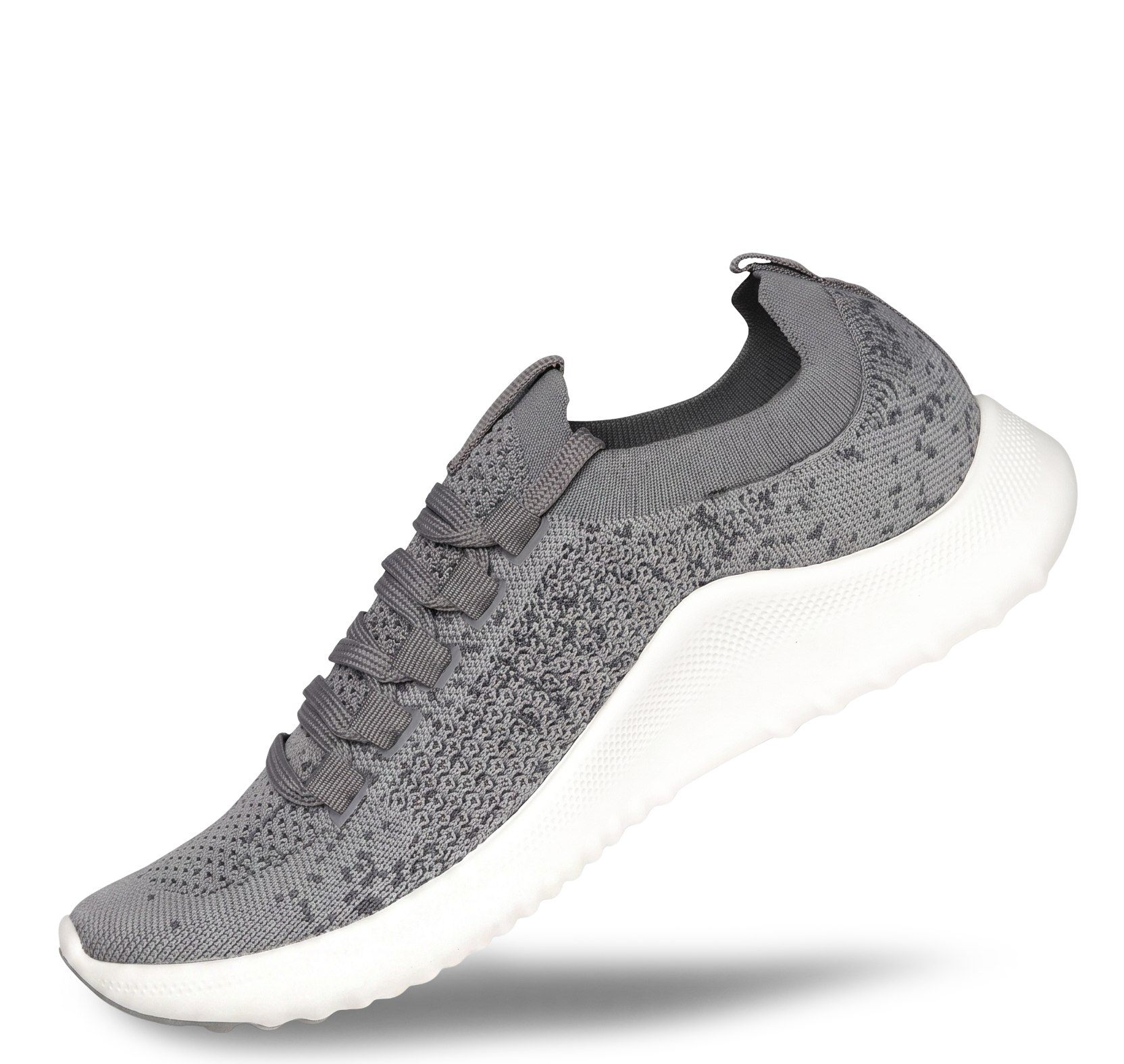 Gray sneaker with a white sole on a white background