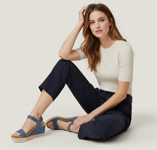 Woman sitting on the floor wearing a white top and navy pants with blue wedges.