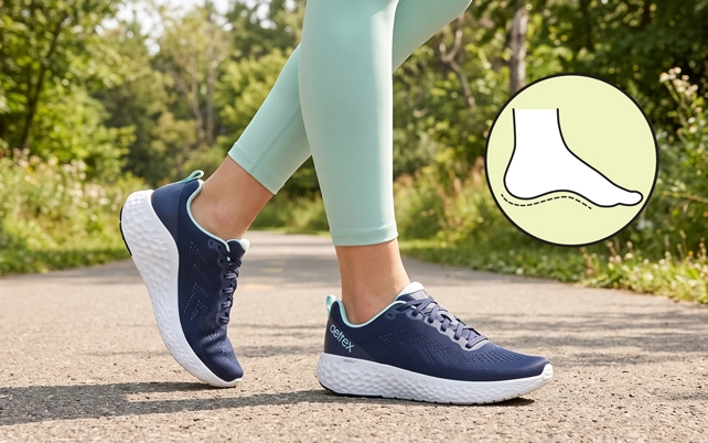 A person wearing navy blue aetrex athletic sneakers with mint green leggings walking on a paved path outdoors, with a circular inset diagram showing foot arch support.