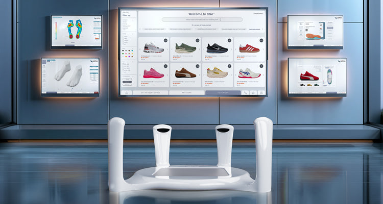 A white foot-shaped scanning device sits on a glossy floor in front of a blue-gray wall with several illuminated display screens showing shoe models and foot scans.
