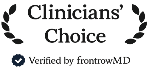 Clinicians' Choice badge with laurel wreaths and 'Verified by frontrowMD' text on a white background.