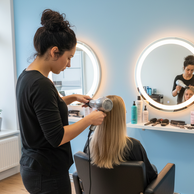 Woman getting her hair styled by a professional in a salon setting.