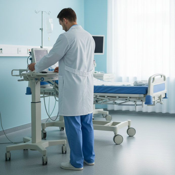 Doctor in a hospital room using a computer