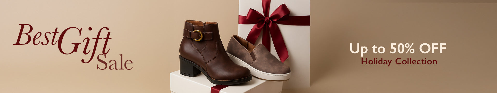 Promotional banner for a 'Best Gift Sale' with shoes and a gift box on a beige background.
