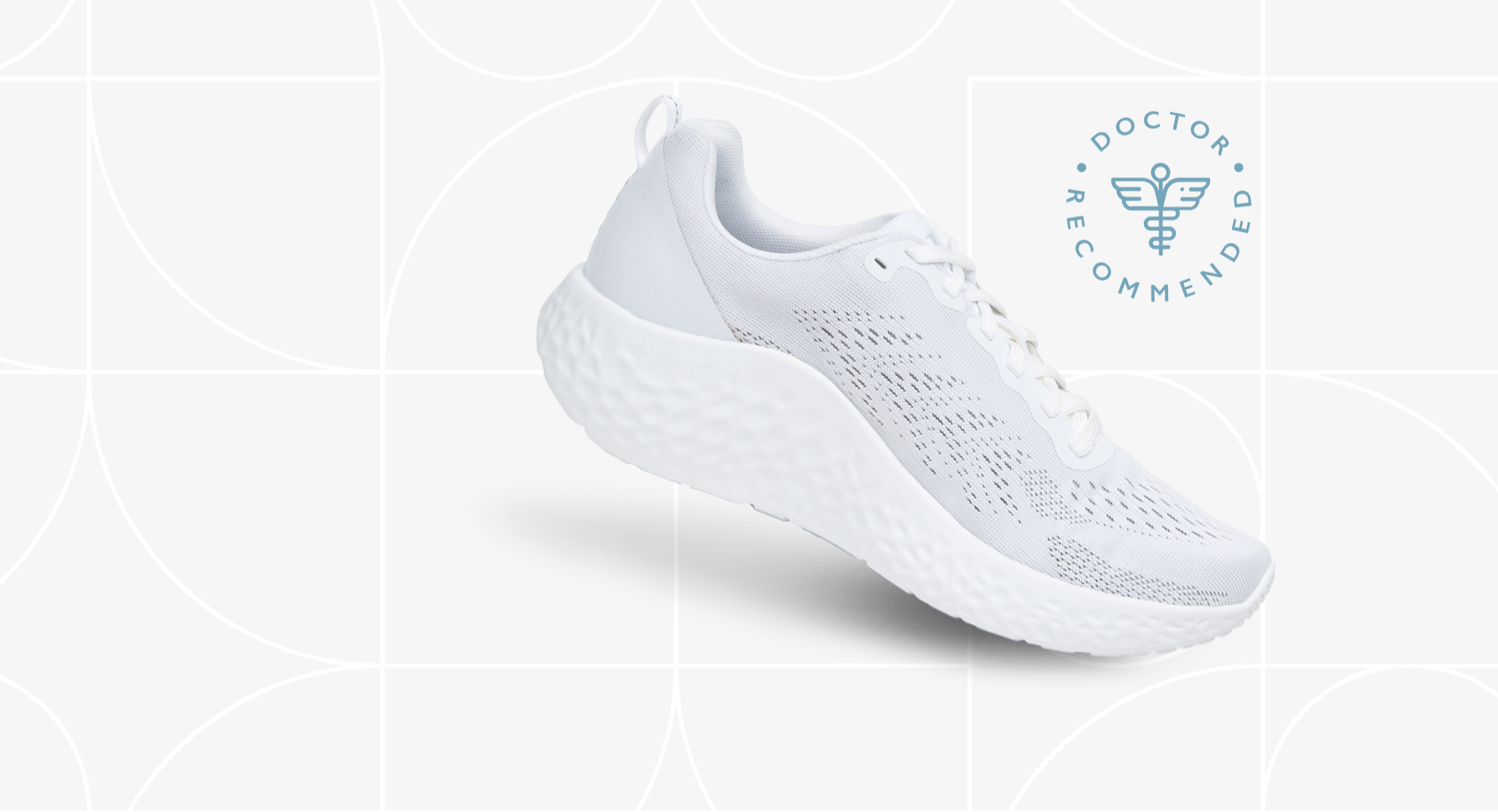 White athletic shoe on a light gray background with 'Doctor Recommended' badge.