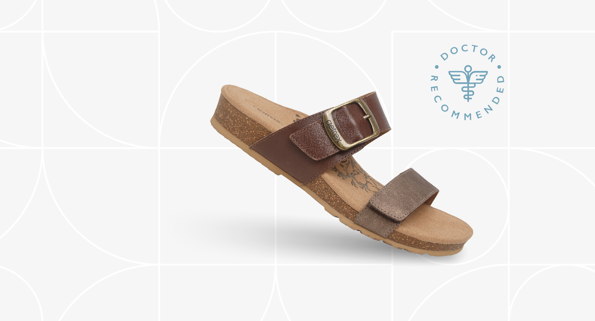 Brown sandal with a buckle on a white background, featuring 'Doctor Recommended' logo.