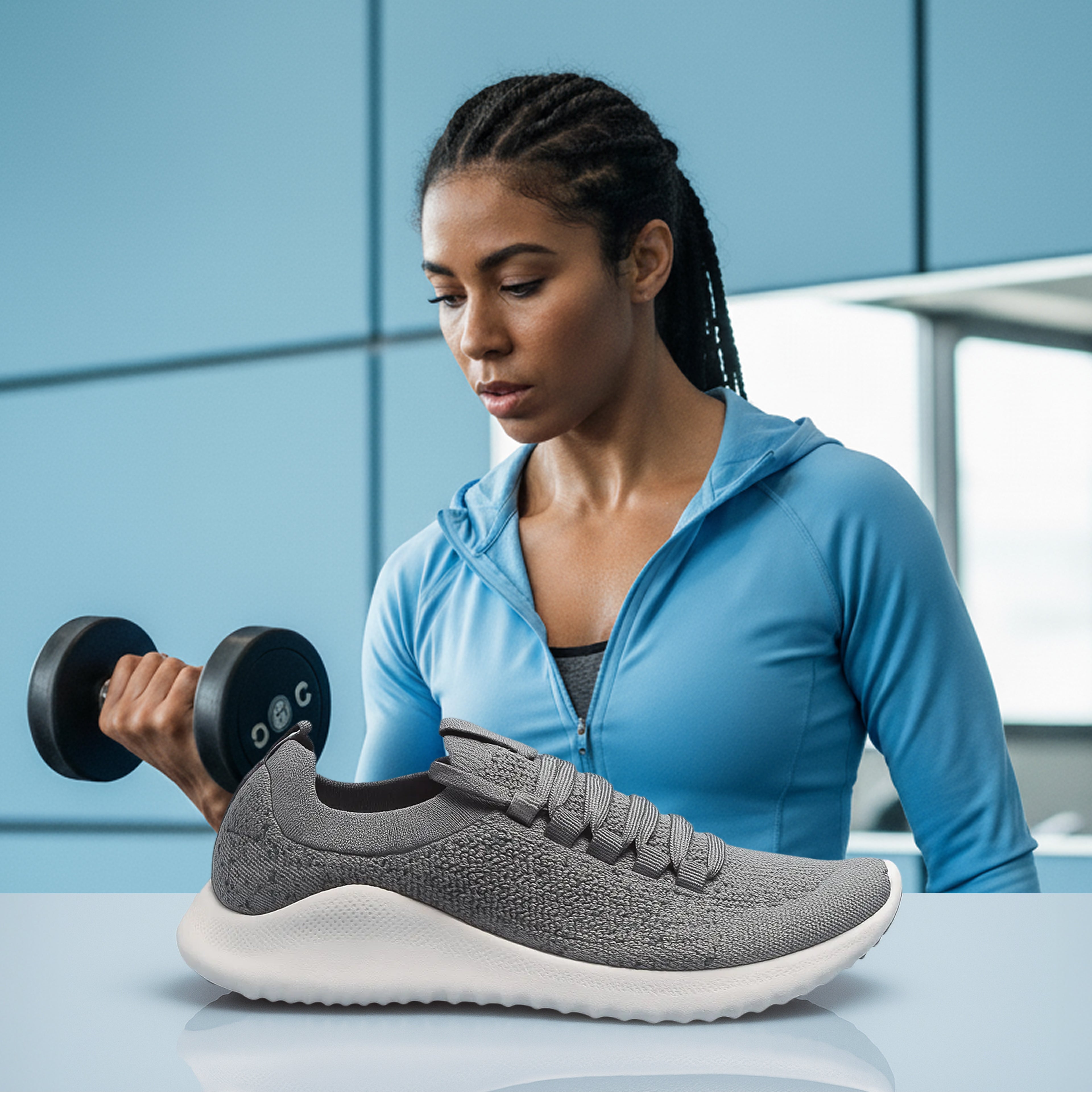 Woman exercising with a dumbbell wearing gray athletic shoes