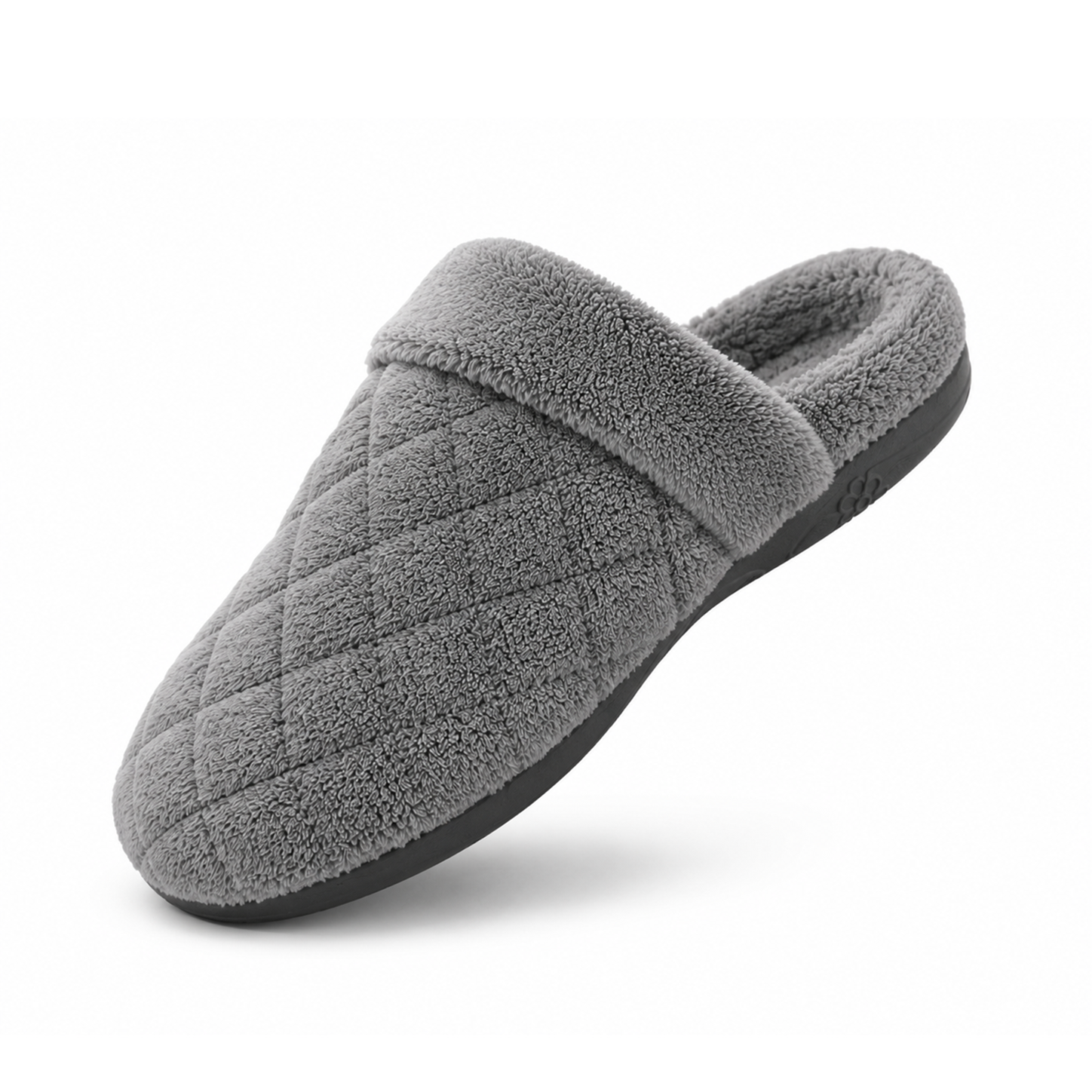 Gray quilted slipper on a white background