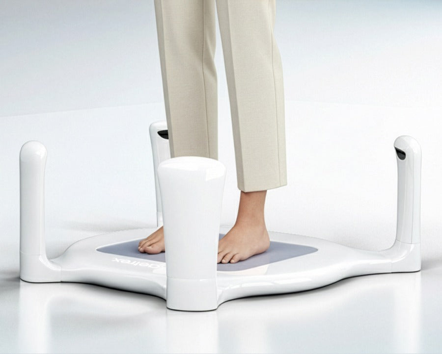 Person standing on a white foot scanner against a light gray background