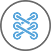A circular icon featuring a blue stylized knot or loop symbol inside a gray ring on a white background.