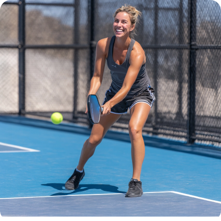 Woman playing pickleball on a court with a ball and paddle.