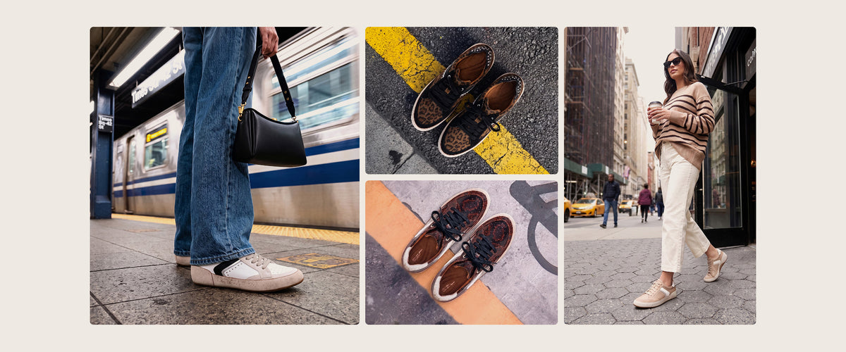 A four-panel collage showcasing brown leather lace-up shoes in various real-world settings: a person standing on a subway platform, a close-up of the shoes on asphalt with a yellow line, a close-up of the shoes on a street, and a woman walking on a city street.