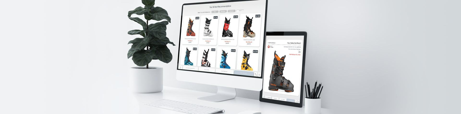 Computer monitor and tablet displaying images of dogs on a white desk with a plant.