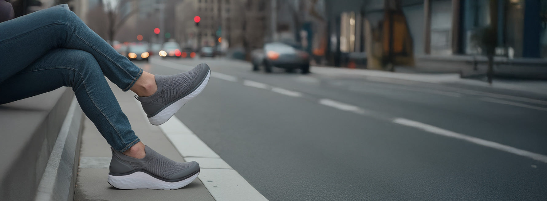 Man wearing sneaker on city street