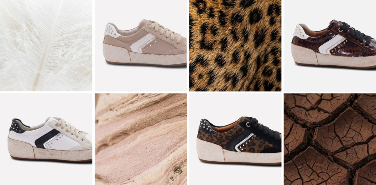 A collage of six panels showcasing various textured and patterned designer sneakers, including white suede, leopard print, brown leather, and earthy stone textures.