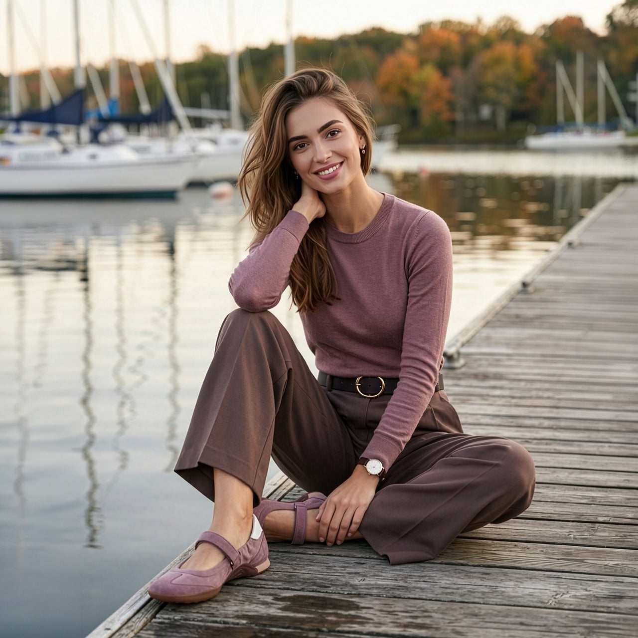 Woman sitting on a dock by a lake wearing a purple sweater and brown pants.