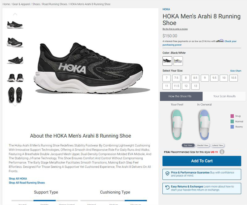 Hoka Men's Arahi 8 Running Shoe on a product page with size selector and color options.