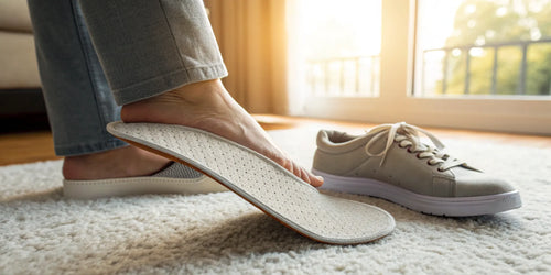 A person inserts one of the best insoles for plantar fasciitis and flat feet into a shoe.