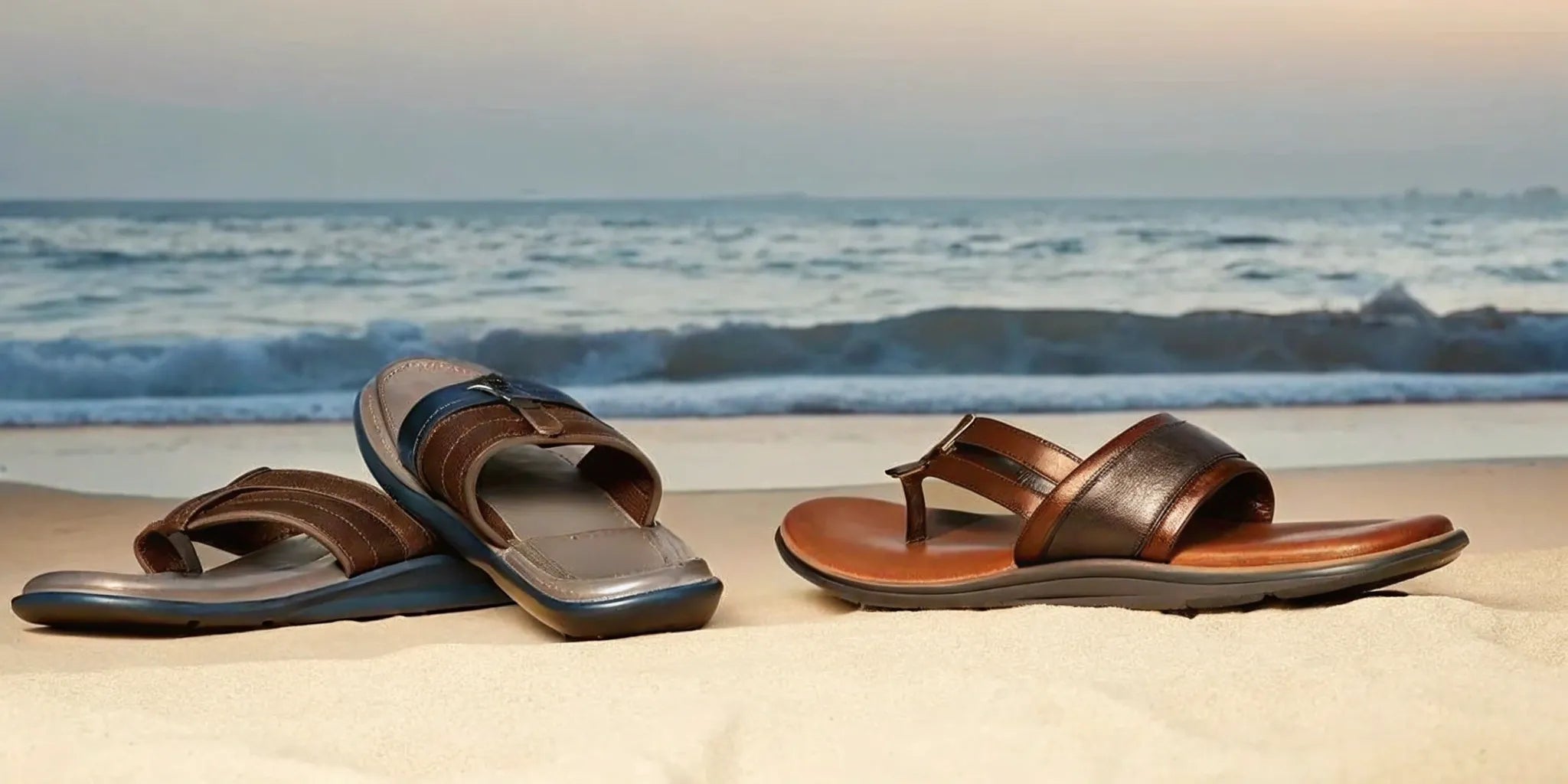 Best men's sandals for bunions with wide toe boxes and supportive cushioning, shown on a beach.
