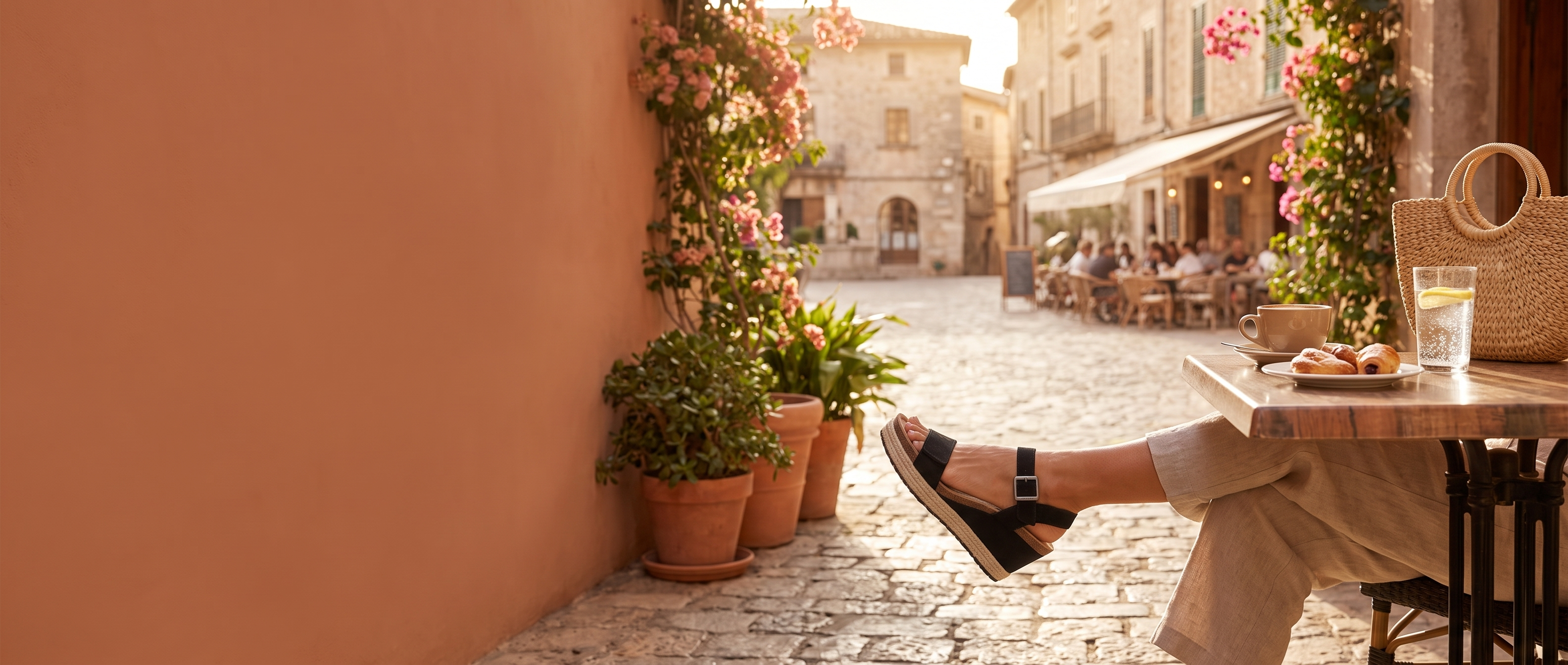 Aetrex Sydney espadrille wedge on cobblestone — comfortable wedge heel for all-day wear