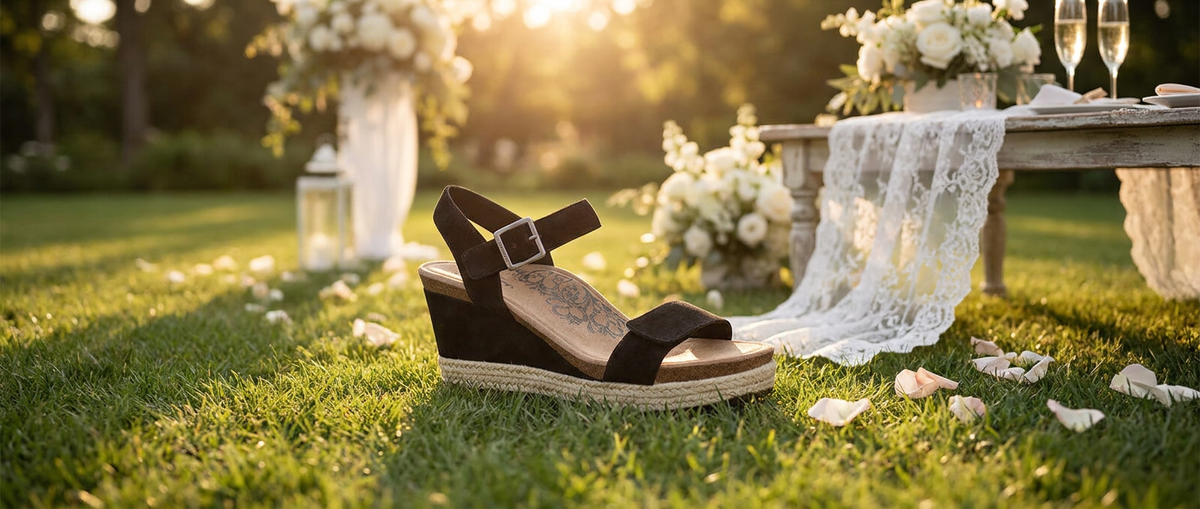 Aetrex Sydney espadrille wedge on grass for outdoor weddings