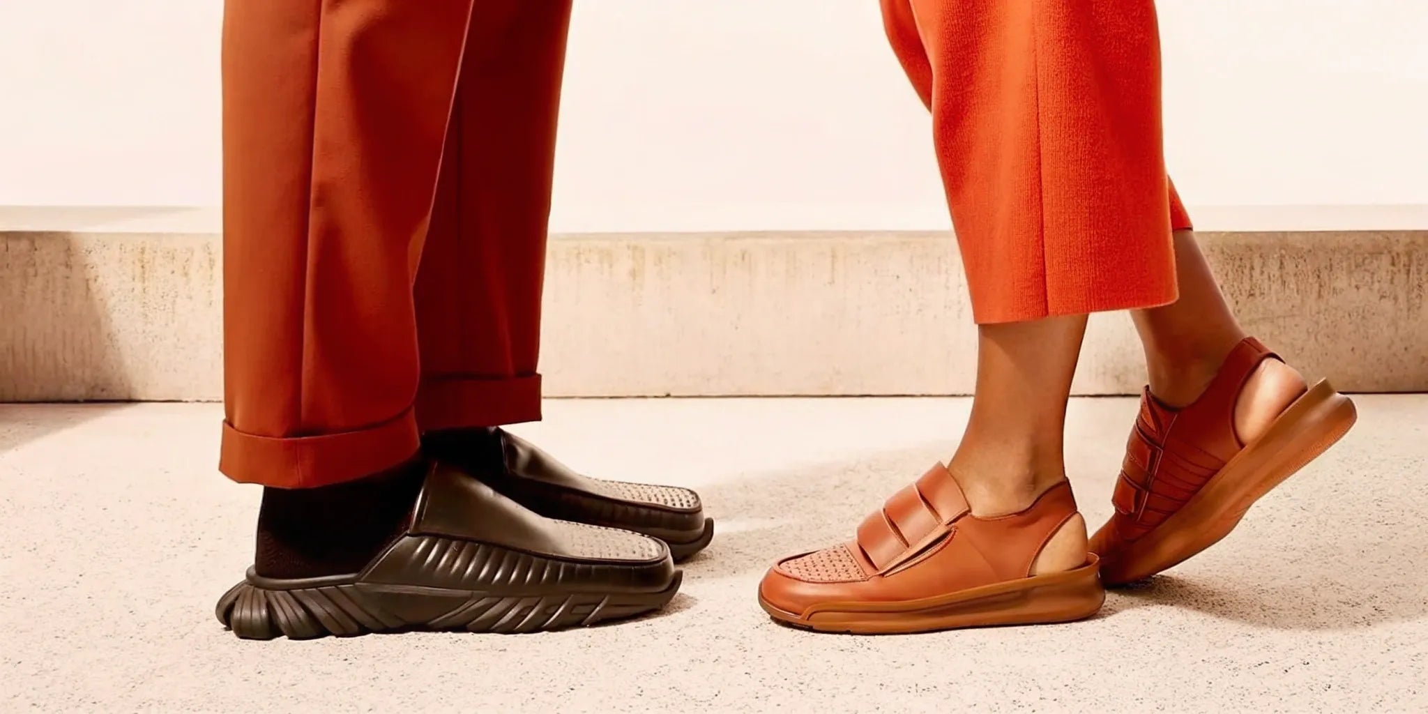 Two people wearing shoes with the best insoles for standing all day on concrete.