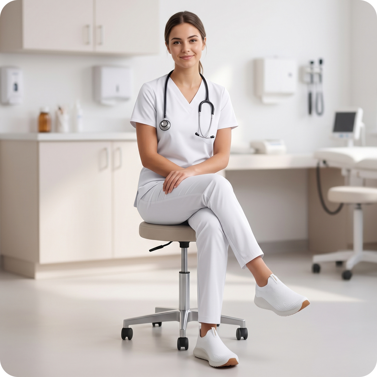A woman in white medical scrubs sits on a rolling stool in a bright, modern doctor's office. She has a stethoscope around her neck, and the background shows medical cabinets, a desk, and clinical equipment.