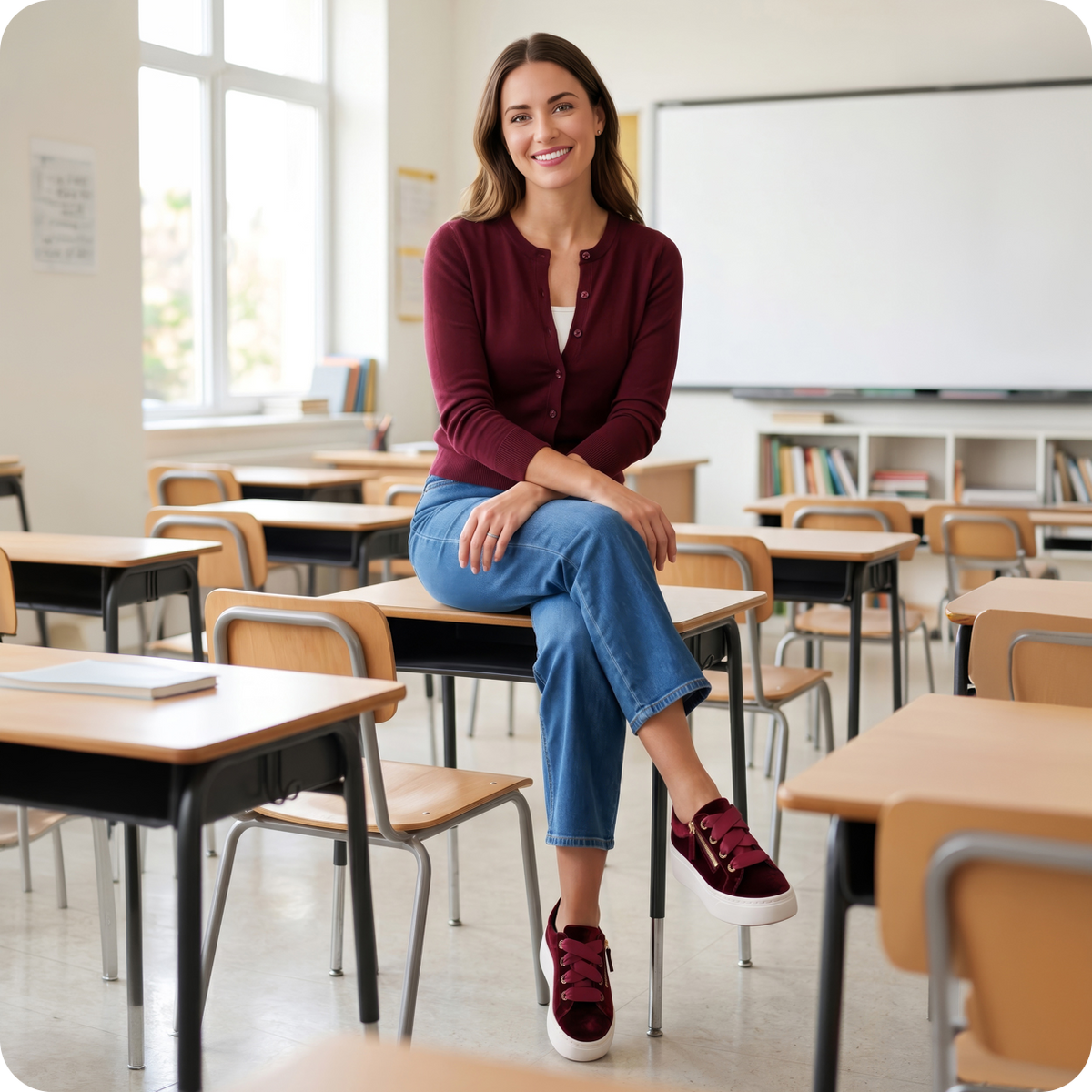 A woman sitting on a school desk in a bright classroom, wearing a burgundy cardigan, blue jeans, and burgundy sneakers.