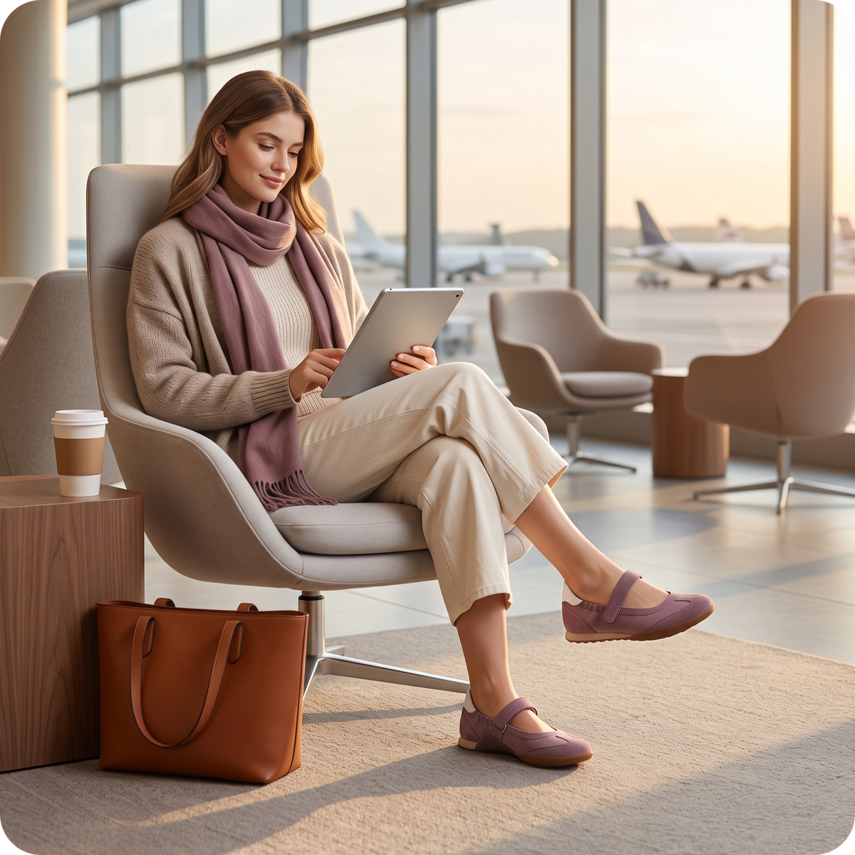 A woman sits in a modern lounge chair inside a bright airport terminal, reading a tablet. She is wearing a beige sweater, a dusty mauve scarf, beige pants, and mauve Mary Jane shoes.