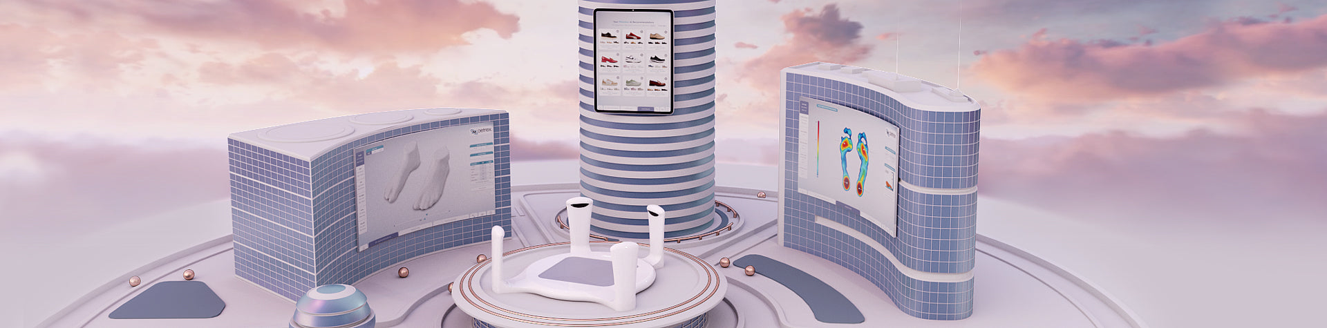Three futuristic cylindrical buildings with digital displays against a pink sky.