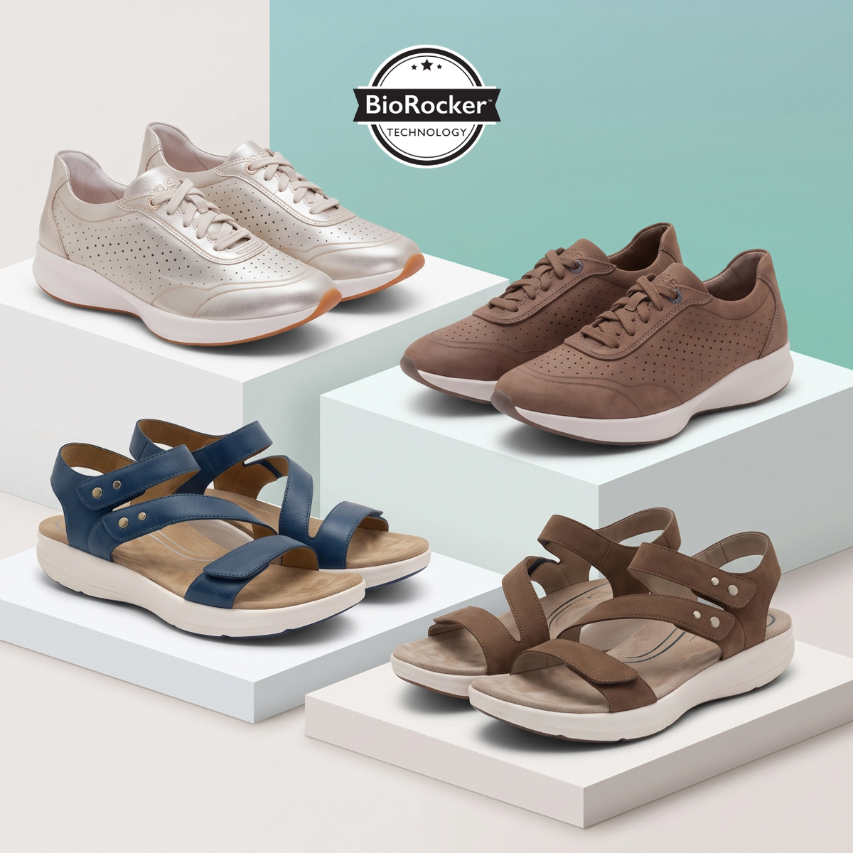 a white gold sneaker, a brown sneaker, a blue strappy sandal and a brown strappy sandal on 4 white pedestals