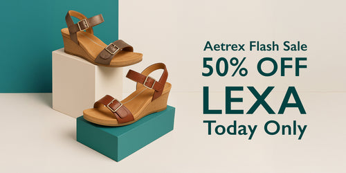Brown sandals on geometric blocks with Aetrex Flash Sale text on a teal and beige background