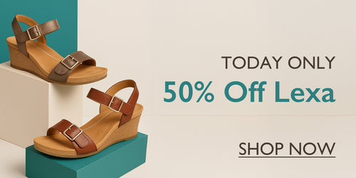 Brown wedge sandals on a geometric background with promotional text for 50% off Lexa shoes.