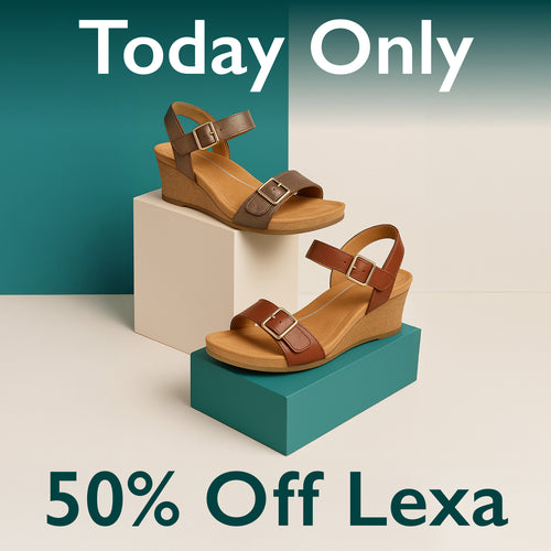 Brown wedge sandals on geometric blocks with 'Today Only 50% Off Lexa' text.