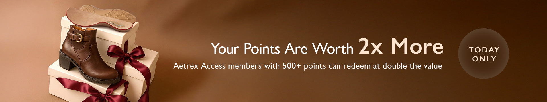 Promotional banner with boots, a cake, and text about double points for Avtex Access members.