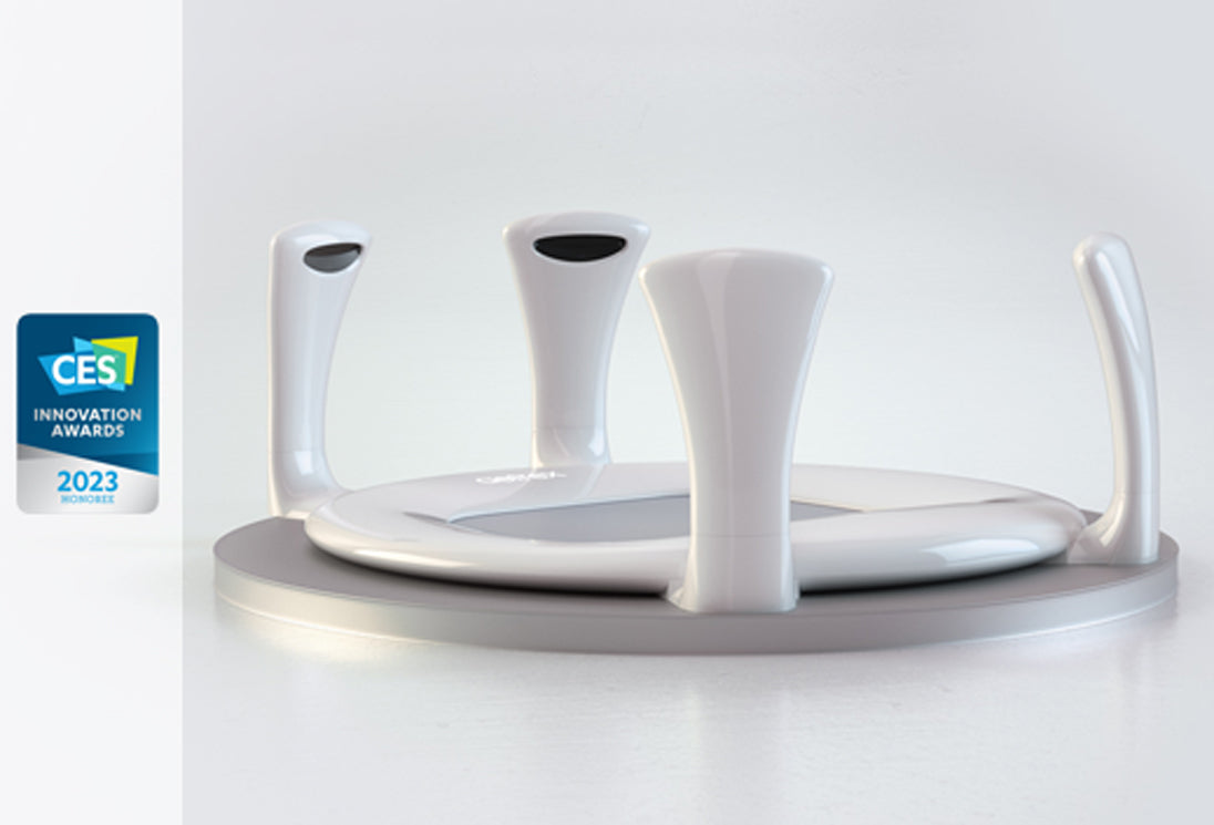 White electronic device with circular base on a white background, featuring CES Innovation Award badge.