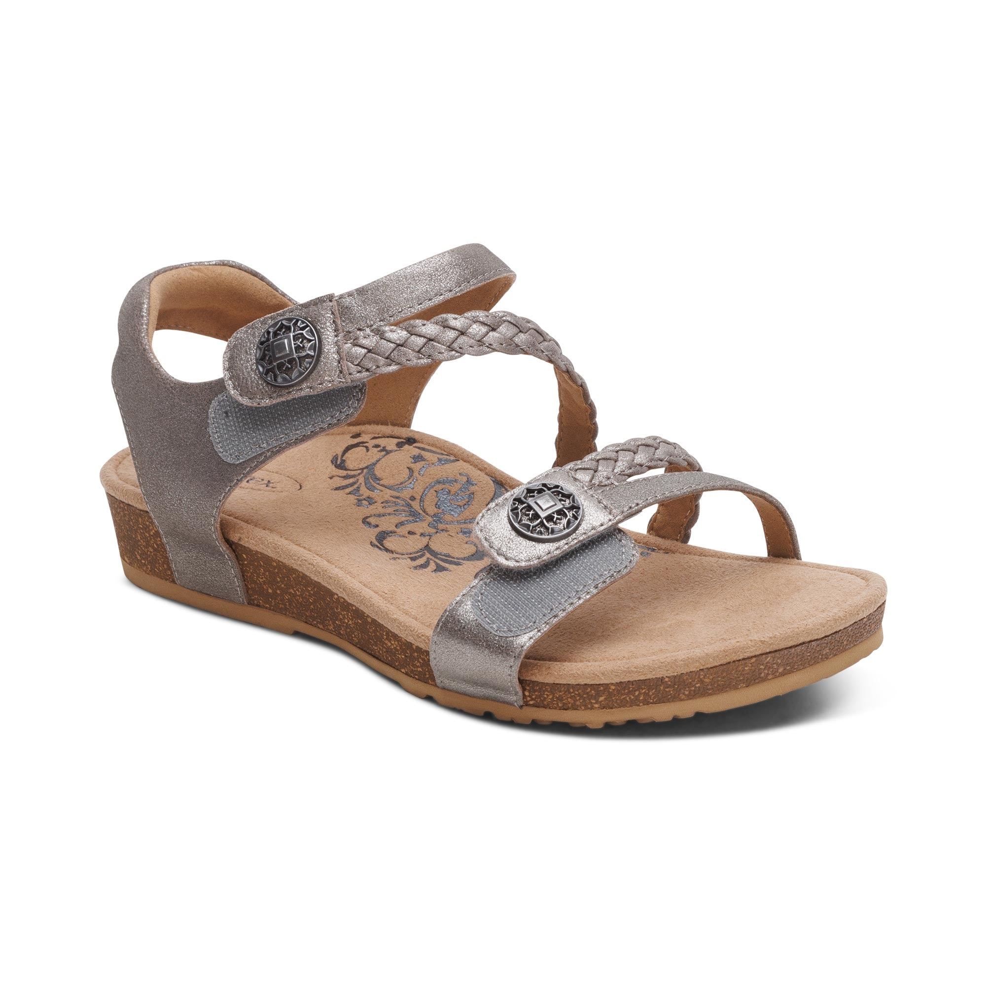アリエル Jillian Braided Quarter Strap Sandal - Brushed Silver – aetrex