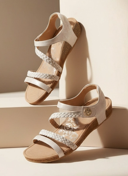 Pair of beige sandals with white straps on a beige background