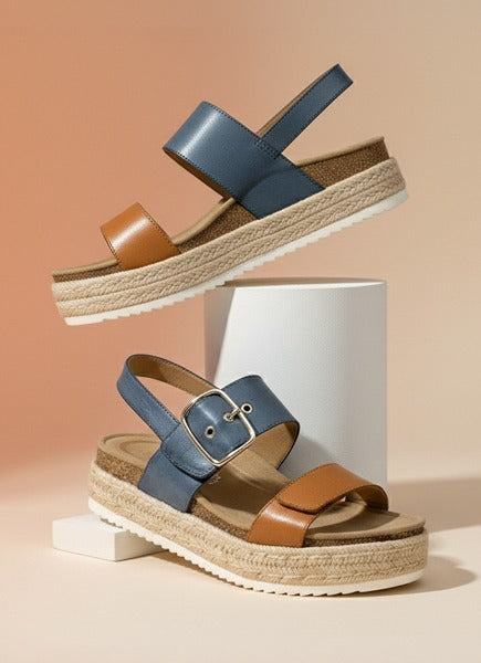 Pair of blue and brown sandals on a beige background