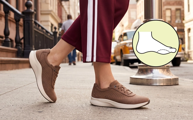 A person walking on a city sidewalk wearing brown platform sneakers with white soles and burgundy track pants with white side stripes. A circular inset graphic shows a foot silhouette with a dashed line indicating arch support.