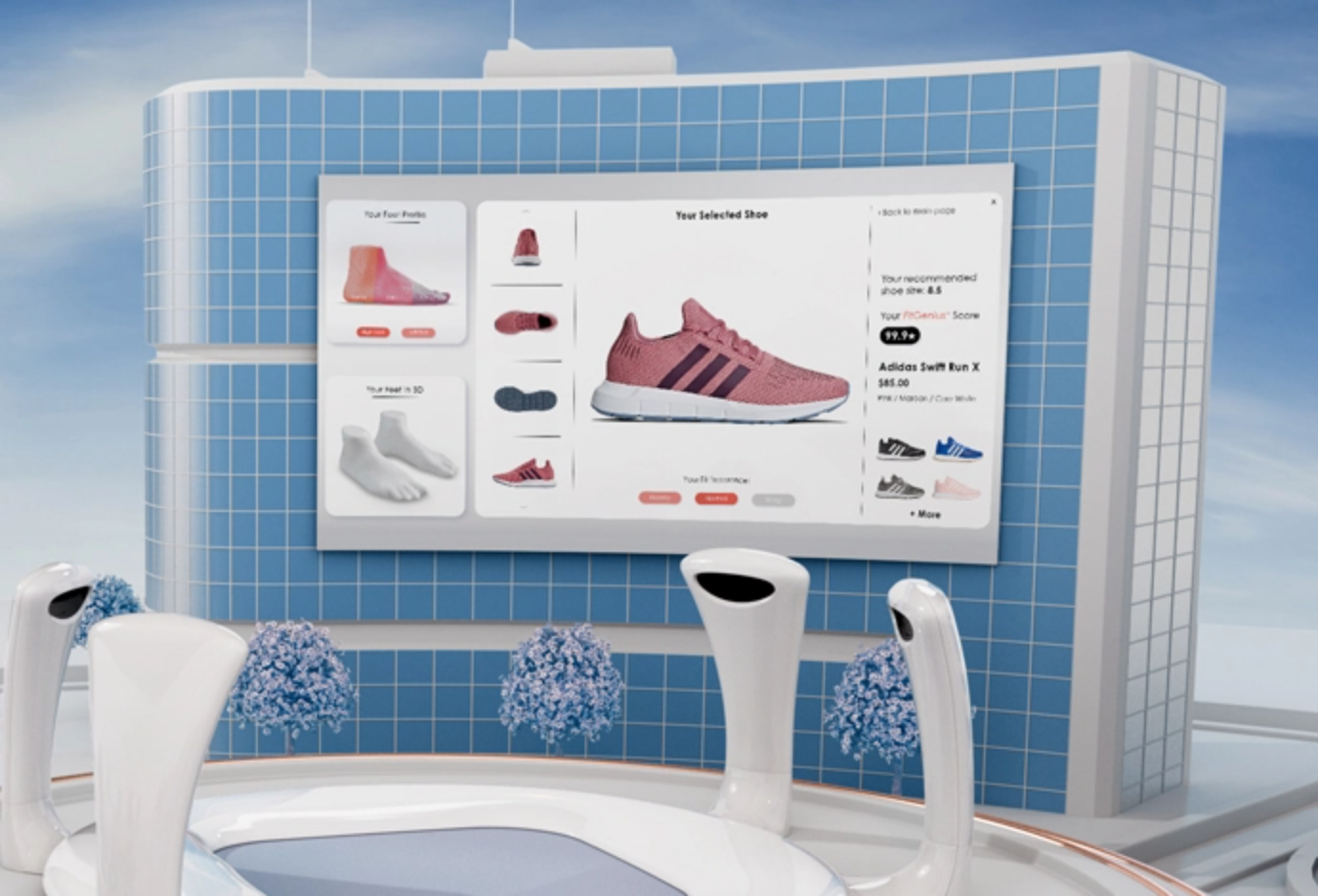 Digital display of Adidas shoes in a futuristic room with chairs and blue walls.