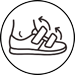A circular icon depicting a white athletic sneaker with black flame-like detailing, set against a solid black background.