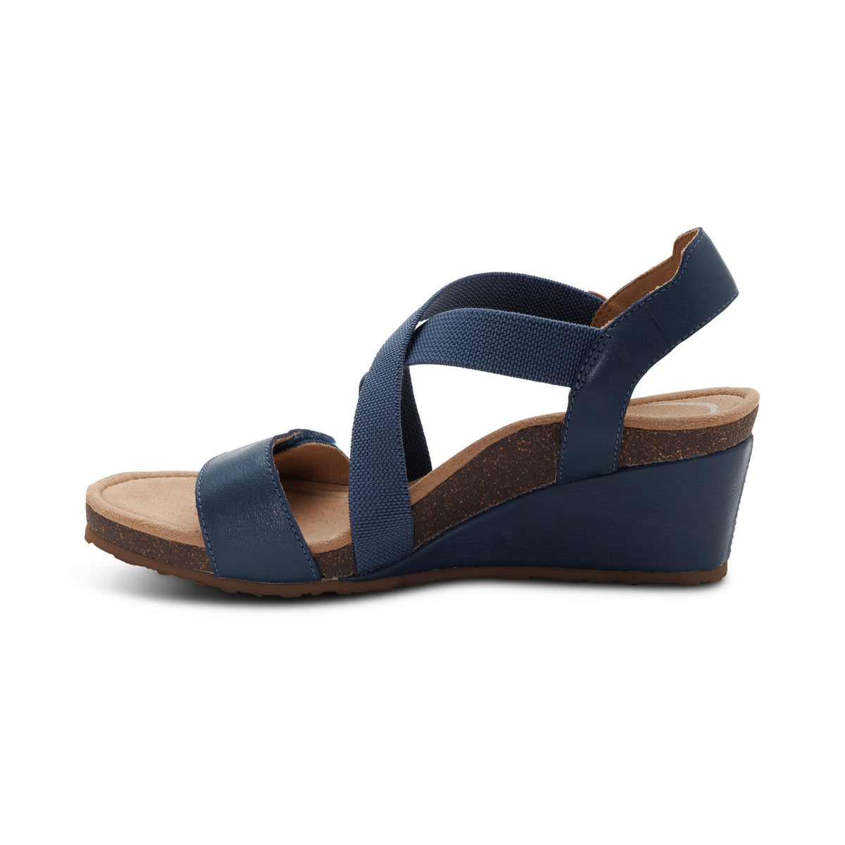navy blue wedge dress shoes Aetrex Kathy Leather and Woven Heeled Sandal