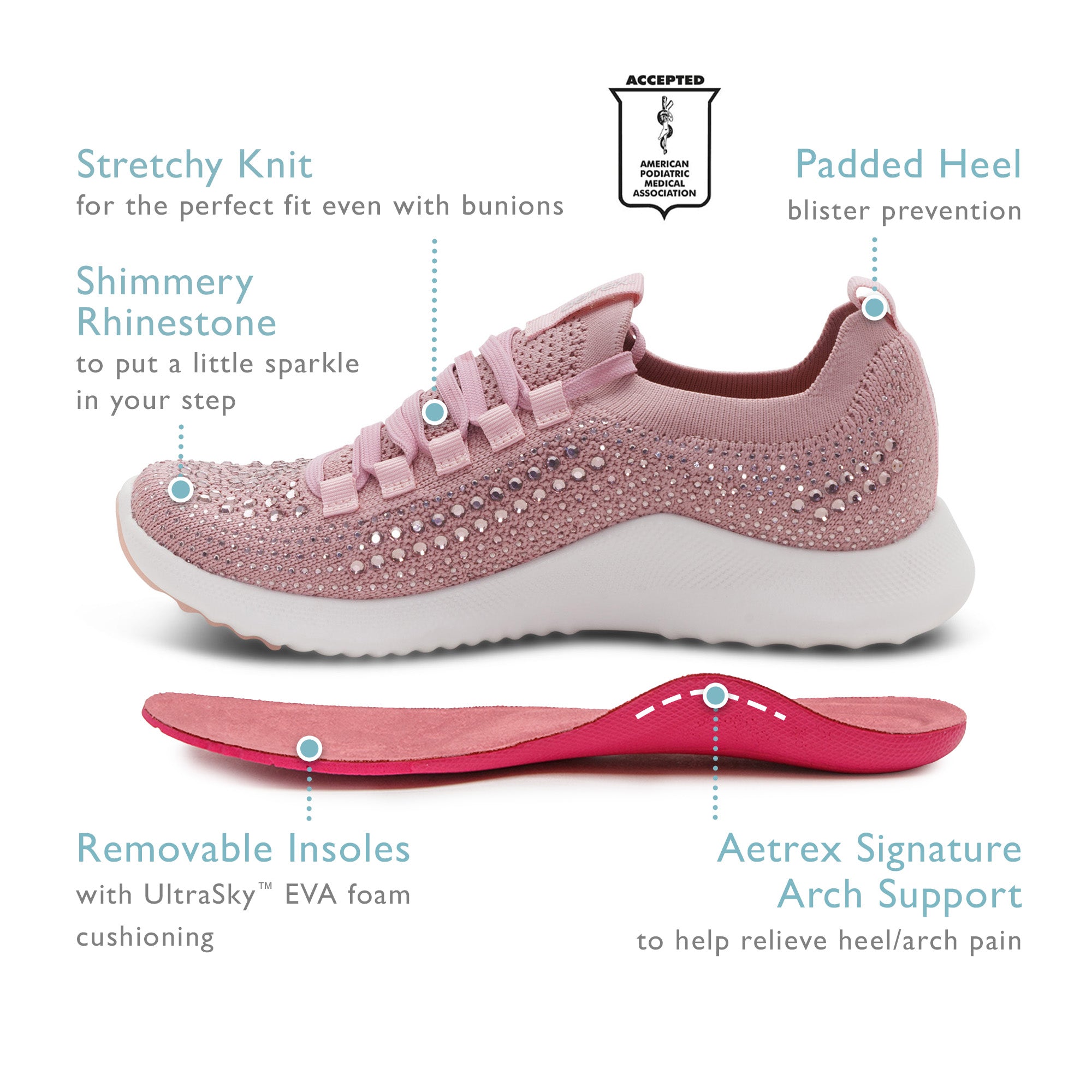 Carly Arch Support Sneaker feature Angle #color_pink sparkle