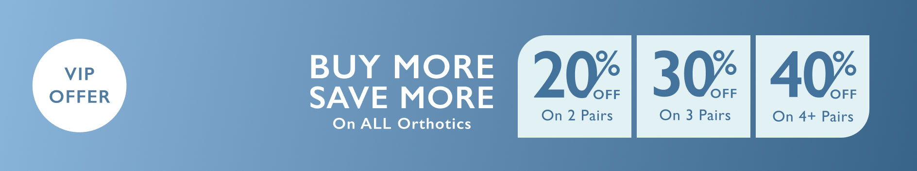 VIP Offer for Orthotics - Buy more save more - 20% off 2 pairs, 30% off 3 pairs, 40% off 4 pairs