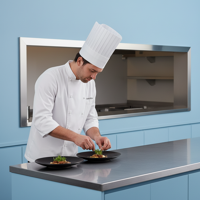 Chef preparing food in a modern kitchen with blue walls