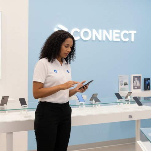 Woman using a smartphone in a store with 'CONNECT' branding on the wall.